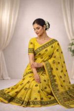 Lemon Yellow Madhubani Print Saree - Image 3
