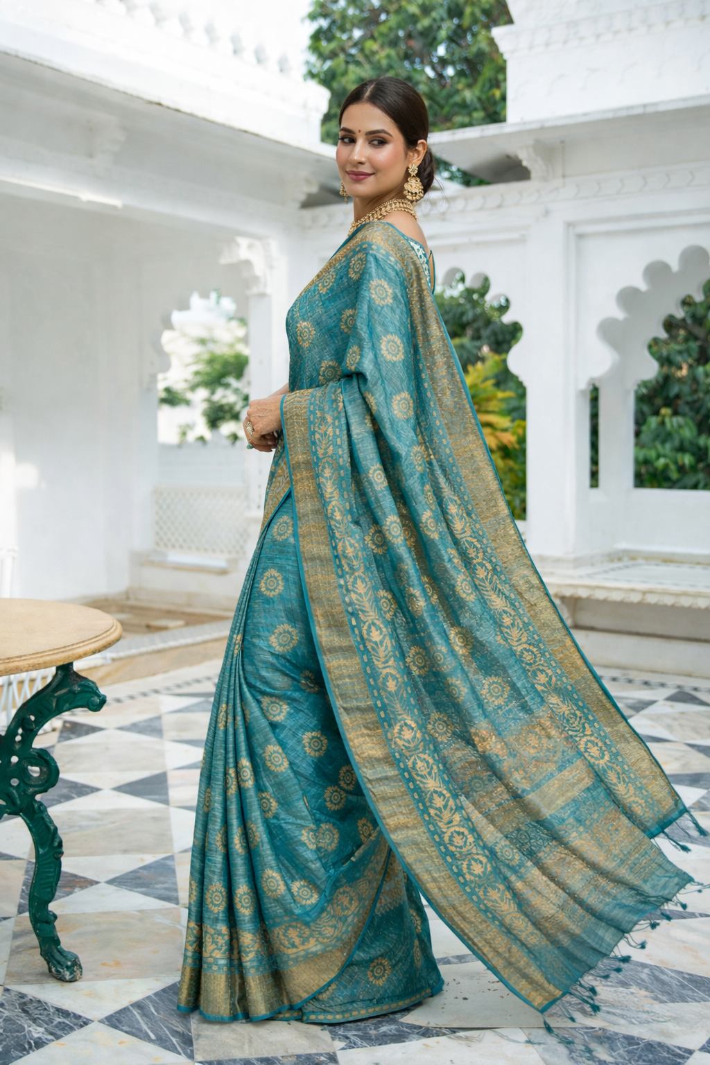 ChatGPT Image Jan 19, 2026, 11_53_41 PM Teal Blue Batik Print Saree - Image 1