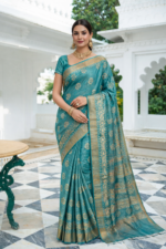 Teal Blue Batik Print Saree - Image 2