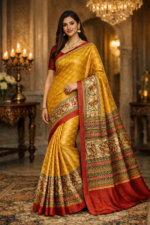 Amber Yellow Madhubani Print Tussor Silk Saree