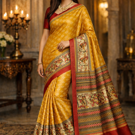 Amber Yellow Madhubani Print Tussor Silk Saree