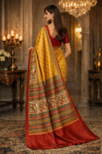 Amber Yellow Madhubani Print Tussor Silk Saree - Image 2