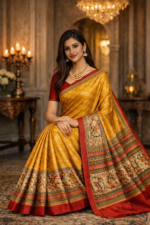 Amber Yellow Madhubani Print Tussor Silk Saree - Image 3