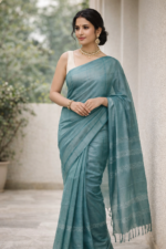 Teal Grey Moonga Silk Saree - Image 2