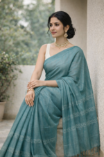 Teal Grey Moonga Silk Saree