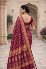 Magenta Block Print Silk Saree - Image 2